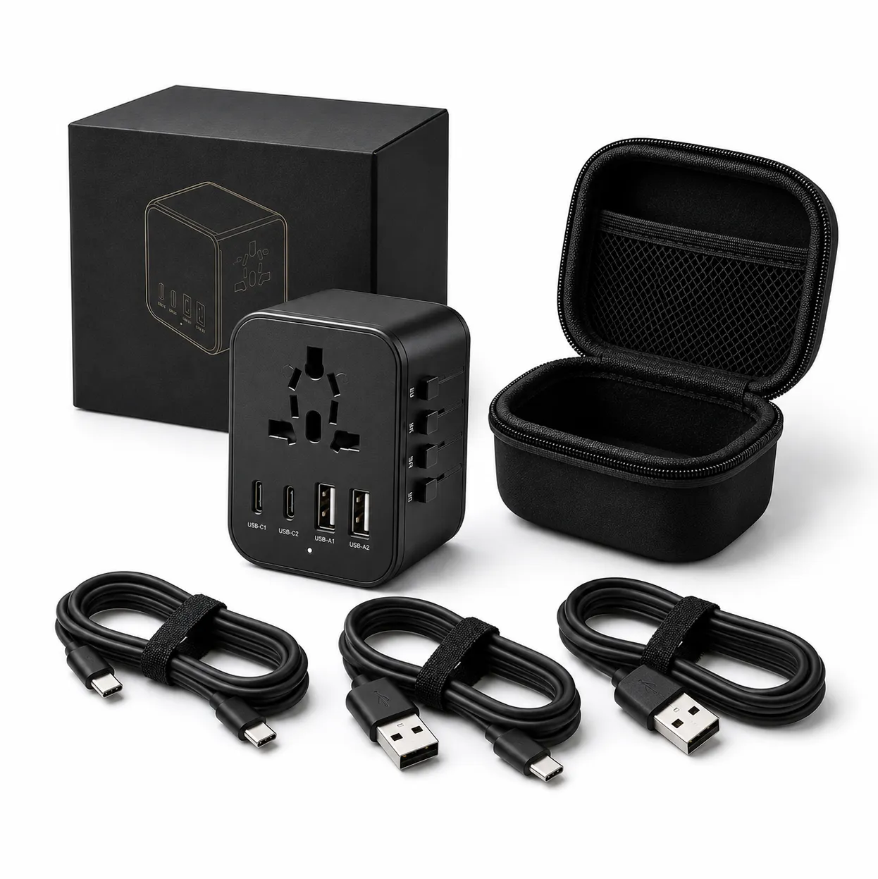 Complete travel adapter gift set with EVA case, cables and packaging