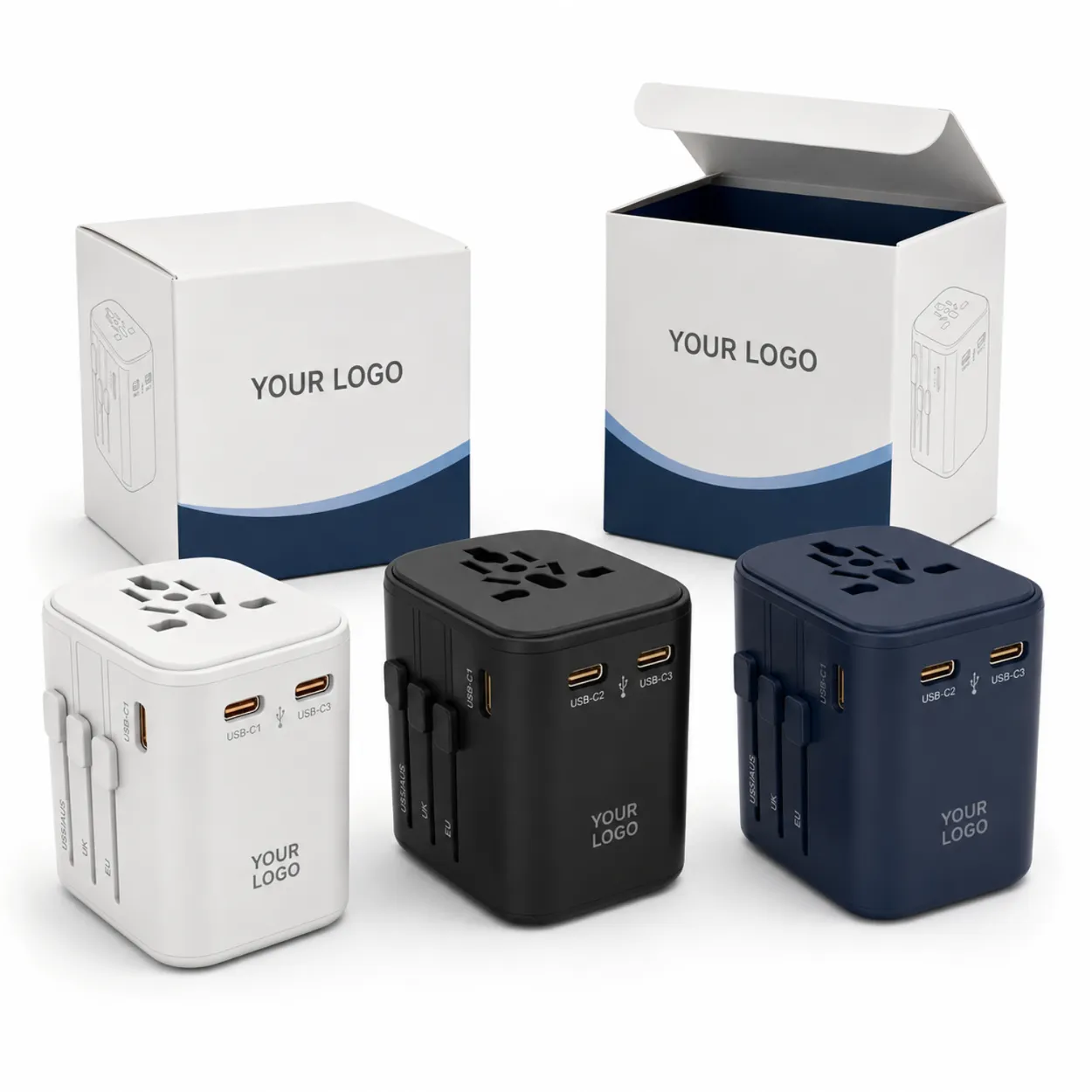 Custom travel adapters with logo, color and packaging options