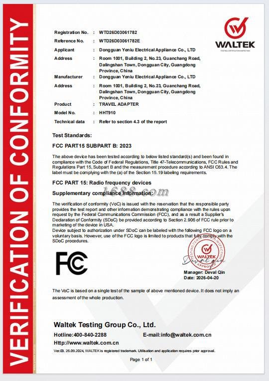 CE compliance documentation for HYU NEXUS travel adapter products