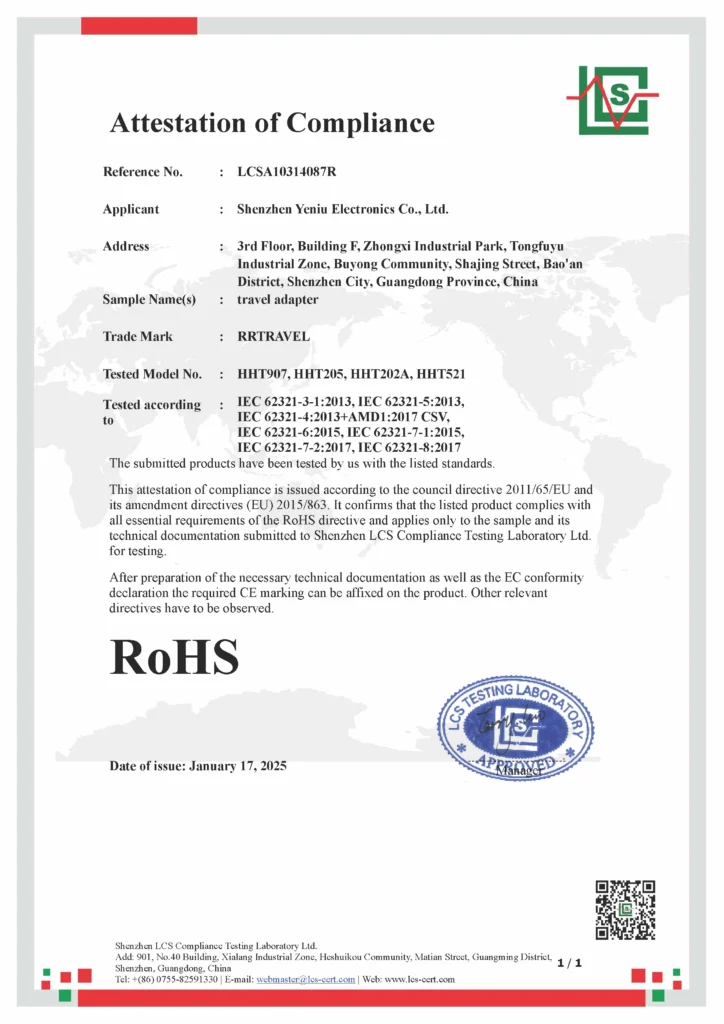 RoHS compliance documentation for HYU NEXUS travel adapter products