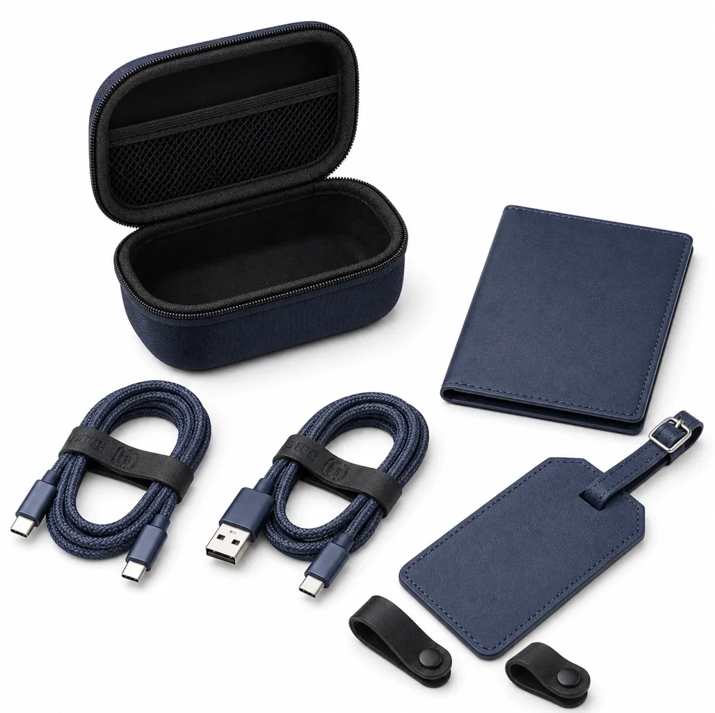 Travel accessories set with EVA case, charging cables, luggage tag and passport holder